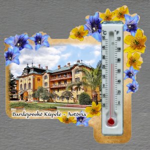 Bardejovské Kúpele - Astória - magnet s teploměrem - obdélník s květy - žluto-modrý