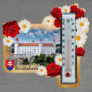 Bratislava - magnet s teploměrem - obdélník s květy - červeno-bílé