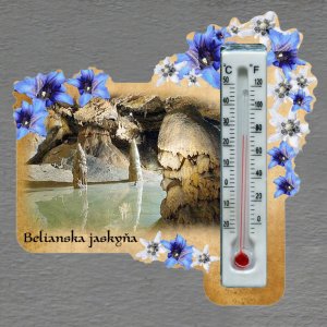 Belianska jaskyňa - magnet s teploměrem - obdélník s květy - bílo-modré