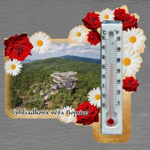 Bojnice - Vyhliadková veža - magnet s teploměrem - obdélník s květy - červeno-bílé