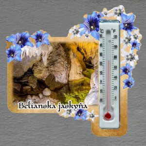 Belianska jaskyňa - magnet s teploměrem - obdélník s květy - bílo-modré