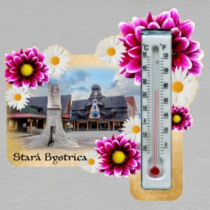 Stará Bystrica - Magnet s teploměrem- obdélník s květy - růžovo - bílé