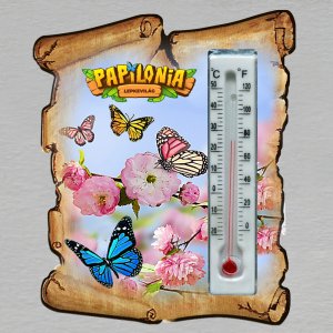 Papilonia Budapešť - magnet s teploměrem pergamen