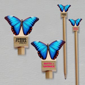 Zahrada Flora - modrý motýl - tužka s oboustranným potiskem soklíku